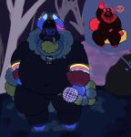 2_horns absurd_res anthro belly blue_body blue_fur blue_tail blue_tongue bobikbark dark_body dark_fur demon duo forsaken_(roblox) fur green_body green_fur green_tail guest_666_(forsaken) hi_res horn mammal monster neon_lights overweight overweight_nonbinary piercing pink_body pink_fur red_body red_fur red_tail roblox scar tail tongue