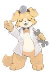 2025 3_toes 4_fingers anthro bell bottomless bottomless_anthro canid canine canis cheek_tuft clothed clothing coat collar digital_media_(artwork) domestic_dog eyebrows eyes_closed eyewear facial_tuft feet fingers floppy_ears front_view full-length_portrait fur goggles hi_res holding_object holding_tool kemono lab_coat male male_anthro mammal open_clothing open_mouth open_shirt open_smile open_topwear portrait shirt simple_background smile solo standing tail teeth tinntira toes tongue tools topwear tuft white_background white_clothing white_topwear wrench