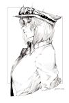  1girl absurdres border collared_shirt cropped_arms cropped_torso goggles goggles_on_headwear greyscale hat highres monochrome necktie niwarhythm original profile shirt solo twitter_username upper_body white_border wing_collar 