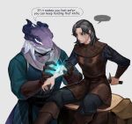 absurd_res anthro blood bodily_fluids clothed clothing dagger dragon dragonborn_(dnd) dungeons_and_dragons duo female hasbro healing healing_magic hi_res horn human leafjuly levi_(leafjuly) magic magic_aura magic_glow magic_user male male/female mammal melee_weapon mythological_creature mythological_scalie mythology orchid_(leafjuly) scalie weapon wizards_of_the_coast wounded