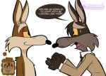 accessory after_transformation alternate_species anthro anthrofied artist_logo artist_name brown_body brown_fur canid canine canis clothing countershade_fur countershading coyote coyote_vs._acme duo english_text fur hi_res implied_transformation jacket kevin_avery logo looney_tunes mammal mixelfangirl100 necktie signature stubble suit tail teeth text toony topwear warner_brothers wile_e._coyote yellow_sclera