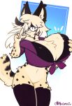 2026 absurd_res anthro big_breasts blonde_hair blue_eyes bottomless bottomless_anthro bottomless_female breasts caeleste calluna_(caeleste) cheek_tuft chest_tuft clothed clothed_anthro clothed_female clothing eyewear facial_tuft featureless_crotch felid feline female freckles fur glasses hair hand_on_breast hi_res legwear mammal markings one_eye_obstructed partially_clothed round_glasses serval solo spot_freckles spots spotted_arms spotted_body spotted_face spotted_fur spotted_hips standing tail thigh_highs tuft yellow_body yellow_fur yellow_tail