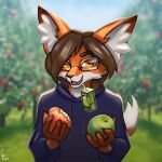 1:1 2025 5_fingers anthro apple beverage black_nose blue_clothing blue_hoodie blue_topwear blurred_background brown_eyes brown_hair cafyko canid canine claws clothed clothing countershading day digital_media_(artwork) dipstick_tail drinking drinking_straw eyebrows eyewear fangs fingers food fox fruit fruit_tree fur glasses grass hair half-length_portrait hi_res holding_food holding_object hoodie inner_ear_fluff juice_(beverage) looking_at_viewer male mammal markings mixed_media multicolored_body open_mouth orange_body orange_fur outside photo_background photography_(artwork) plant portrait shaded signature sky smile solo tail tail_markings teeth topwear tree true_fox tuft white_body white_fur white_tail_tip