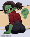 absurd_res aqua_(cancelmesenpai) blush brown_hair business_attire businesswoman butt cancelmesenpai clothed clothing corporate dialogue dreadlocks ear_piercing employee female freckled_arms freckled_butt freckled_face freckled_legs freckled_shoulders freckled_thighs freckles fully_clothed goblin green_body hair hi_res humanoid locks looking_back nude nude_female original_design piercing pointy_ears ponytail rear_view red_eyes sharp_teeth shortstack shortstack_female simple_background sitting solo speech_bubble supervisor teeth watermark yellow_eyes