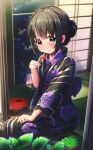  1girl abo_(kawatasyunnnosukesabu) black_eyes black_hair commentary eating food fork frog fruit hair_bun highres japanese_clothes kimono original sitting tatami watermelon yukata 