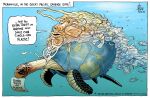 2025 ambiguous_gender australia bubble david_pope donald_trump duo english_text feral globe indonesia papua_new_guinea plastic plastic_bag plastic_bottle political_cartoon politics reptile scalie sea_turtle text trash turtle water