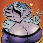 1:1 alternate_species anthro big_breasts black_stripes blue_body blue_eyes blue_eyeshadow blue_scales blue_tongue breasts clothing eyelashes eyeshadow felid female forked_tongue gesture hand_gesture heart_symbol hi_res huge_breasts hybrid judy_(teufelstiger) long_eyelashes looking_at_viewer makeup mammal mister_feelgood pantherine reptile scales scalie smile smiling_at_viewer snake solo stripes sweater tiger tongue topwear v_sign white_body white_scales