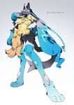 2025 absurd_res anthro big_breasts blue_background blue_body blue_eyes blue_fur breasts canid chest_tuft claws crotch_tuft female full-length_portrait fur generation_9_pokemon gradient_background grey_body grey_fur hi_res looking_at_viewer mammal mega_evolution mega_lucario_z nintendo pokemon pokemon_(species) portrait simple_background standing tuft white_background yarengekiryu yellow_body yellow_fur