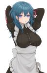  1girl absurdres alternate_costume apron arms_up bangs banned_artist black_dress blue_eyes blue_hair breasts byleth_(fire_emblem) byleth_(fire_emblem)_(female) commentary dress enmaided fire_emblem fire_emblem:_three_houses frilled_apron frills hair_between_eyes highres juliet_sleeves large_breasts long_hair long_sleeves looking_at_viewer maid maid_apron puffy_sleeves shimizu_akina simple_background solo upper_body waist_apron white_apron white_background 