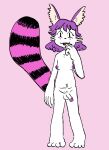 :3 abstract_background absurd_res animal_humanoid anthro barefoot big_ears big_forearms breasts cat_humanoid crotch_tuft eye_markings fangs feet felid felid_humanoid feline feline_humanoid flat_colors forearms fur genitals gynomorph hair hand_on_mouth hi_res humanoid humanoid_genitalia humanoid_penis intersex looking_at_viewer mammal mammal_humanoid markings nipples nude penis pink_background pink_tail pubic_stubble purple_hair purple_markings purple_nipples purple_penis ratsinablanket ring_(marking) ringed_tail sakagami simple_background small_breasts solo standing striped_markings striped_tail stripes tail tail_markings teeth the_creepy_and_freaky trans_(lore) trans_woman_(lore) tuft whiskers white_body white_fur
