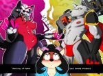 accessory anthro black_hair blue_body blue_fur bodysuit bow_ribbon breasts bulge canid canine canis cape capucine_(masikadraws) claws clothing cyberware ear_tuft eye_scar facial_scar female fur genitals glistening glistening_body grey_body grey_fur group gun hair hair_accessory hair_bow hair_ribbon hi_res lady_shadowfang long_tongue male mammal masikadraws nipples piercing ranged_weapon red_bodysuit red_cape red_clothing red_skinsuit red_underwear ribbons rodent scar science_fiction sciurid skinsuit tight_clothing tongue tongue_on_nipple tongue_out tongue_piercing tree_squirrel trio tuft tufted_fur underwear vulva warghest_alpha weapon white_hair wolf