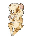 2026 ambiguous_gender anthro big_head black_eyebrows blep blonde_hair blue_eyes brown_markings cheek_tuft chest_tuft chibi digital_drawing_(artwork) digital_media_(artwork) eyebrows facial_tuft fangs felid felixcartoons flat_colors fur hair hi_res jae_(felixcartoons) looking_at_viewer mammal markings mouth_closed multicolored_body multicolored_fur pawpads pink_nose pink_pawpads pink_tongue prehistoric_species saber-toothed_tiger sabertooth_(anatomy) short_hair short_tail simple_background solo tail tan_body tan_fur teeth tongue tongue_out tuft white_background yellow_body yellow_fur