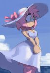 accessory amy_rose anthro billowing_dress black_nose breasts cleavage clothed clothing cloud countershade_arms countershade_snout countershade_torso countershading dress eulipotyphlan eyelashes female glistening glistening_breasts green_eyes hair_accessory hairband hat headband headgear headwear hedgehog hi_res mammal mayreelenjoyer pink_body pointed_tail ribbons sea sega sky snout solo sonic_the_hedgehog_(series) sun_hat tan_arms tan_breasts tan_snout water white_clothing white_dress