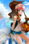  1girl antenna_hair bag bare_arms baseball_cap bird black_vest blue_eyes blurry blurry_foreground blush boat bridge closed_mouth cloud day denim denim_shorts depth_of_field gen_5_pokemon hair_through_headwear handbag hat high_ponytail highres hilda_(pokemon) legs litwick long_hair outdoors poke_ball_print pokemon pokemon_(creature) pokemon_(game) pokemon_bw ponytail railing setta_shu shirt shorts sitting sitting_on_railing sky smile strapless tepig vest water watercraft white_shirt wristband 