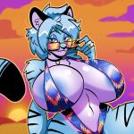 1:1 anthro areola arm_tuft big_breasts bikini black_choker black_claws black_ears black_jewelry black_necklace black_nose black_stripes blue_areola blue_body blue_eyes blue_eyeshadow blue_fur blue_hair breasts chest_tuft choker claws clothing cloud desert ear_tuft eyelashes eyeshadow eyewear felid female fur golden_ring hair hi_res huge_breasts jewelry judy_(teufelstiger) long_eyelashes looking_at_viewer makeup mammal married married_woman mature_female mister_feelgood necklace one-piece_swimsuit pantherine pupils ring shoulder_tuft sitting sitting_on_ground sky skyscape sling_bikini slit_pupils smile smiling_at_viewer solo stripes sun sunglasses sunglasses_down swimwear tail thick_thighs tiger tuft two-piece_swimsuit whiskers white_body white_fur wide_hipped_anthro wide_hipped_female