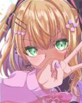  1girl anku bangs blonde_hair bow close-up colored_inner_hair covered_mouth hair_ornament heart heart_hair_ornament highres iris_black_games kurumi_noah multicolored_hair pink_bow purple_hair purple_nails purple_sweater short_hair solo sweater v virtual_youtuber 