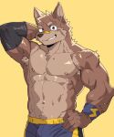 2026 5:6 anthro athletic athletic_anthro athletic_male band-aid band-aid_on_face bandage bandage_on_face biceps black_nose bodily_fluids brown_body brown_fur bulge canid canine canis domestic_dog facial_scar fur jock kemono leeksaltboy looking_at_viewer male mammal multicolored_body multicolored_fur nipples pecs pointy_ears scar simple_background solo sweat sweatdrop tan_body tan_fur two_tone_body two_tone_fur wristband yellow_background