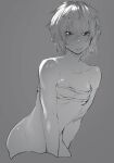  1girl :p absurdres bandeau blush bottomless breasts cowboy_shot grey_background greyscale hair_between_eyes highres looking_at_viewer medium_hair monochrome niwamaru_(niwarhythm) niwarhythm original out-of-frame_censoring simple_background small_breasts solo strapless tongue tongue_out tubetop 