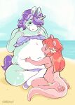 2026 absurd_res anthro beach belly belly_lick belly_rub big_belly bikini bodily_fluids breasts clothed clothing countershade_torso countershading digital_drawing_(artwork) digital_media_(artwork) dripping duo equid equine female female/female flower_accessory frilly front_view hair hand_on_belly hand_on_chest happy hi_res horn kneeling licking lidded_eyes long_hair mammal markings medium_breasts mustelid mythological_creature mythological_equine mythology otter outside overweight overweight_female pawpads pink_hair purple_hair rear_view saliva saliva_drip sand sitting skimpy smile spots spotted_markings stretch_marks swimwear tail thick_tail thick_thighs tongue tunanebula two-piece_swimsuit unicorn water