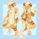 1:1 2026 4_fingers 4_toes anthro black_eyebrows blonde_hair brown_markings cheek_tuft claws digital_drawing_(artwork) digital_media_(artwork) eyebrows facial_tuft fangs featureless_crotch feet felid felixcartoons fingers flat_colors fur hair hi_res jae_(felixcartoons) looking_away male male_anthro mammal markings model_sheet nude_anthro nude_male pawpads pink_nose pink_pawpads prehistoric_species saber-toothed_tiger sabertooth_(anatomy) short_hair short_tail smile snout solo star_(marking) tail tan_body tan_fur teeth toes toony tuft white_claws yellow_body yellow_fur