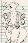 anthro big_penis blush bottomless canid canine clothed clothing cute_fangs devil_horns_(gesture) fangs flaccid foreskin fox genitals gesture gregg_lee hand_gesture hi_res jacket knife lazysnout leather leather_clothing leather_jacket leather_topwear looking_at_viewer male mammal monochrome night_in_the_woods penis sketch smug solo teeth tongue tongue_out topwear