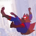 1:1 2023 4_toes 5_fingers anthro atmac brown_body brown_claws brown_fur brown_nose brown_pawpads canid canine canis claws cosplay digital_drawing_(artwork) digital_media_(artwork) feet fingers full-length_portrait fur hi_res lyall_(lyre) lyre_(visual_novel) male mammal mane marvel midair mixed_media pawpads photo_background photography_(artwork) portrait solo spider-man_(series) teeth toes wolf