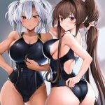  2girls absurdres adjusting_clothes adjusting_swimsuit ass ass_visible_through_thighs bangs black_swimsuit blurry blurry_background blush breasts brown_hair cleavage closed_mouth clothes_pull collarbone competition_swimsuit cowboy_shot dark-skinned_female dark_skin eyebrows_visible_through_hair from_behind frown hair_between_eyes hair_intakes highres holding holding_hair huge_breasts kantai_collection large_breasts long_hair looking_at_viewer multiple_girls musashi_(kancolle) one-piece_swimsuit parted_lips ponytail pool poolside red_eyes sidelocks swimsuit swimsuit_pull twintails upper_body very_long_hair wet wet_clothes wet_swimsuit white_hair yamato_(kancolle) yunamaro 