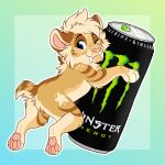 1:1 2026 4_toes ambiguous_gender blonde_hair blue_eyes brown_markings can cheek_tuft container digital_drawing_(artwork) digital_media_(artwork) english_text facial_tuft fangs feet felid feline felixcartoons feral fur hair hi_res jae_(felixcartoons) looking_back mammal markings monster_energy multicolored_body multicolored_fur one_eye_closed outline pawpads paws pink_pawpads prehistoric_species quadruped saber-toothed_tiger sabertooth_(anatomy) short_hair short_tail simple_background smile solo spots stripes tail tan_body tan_fur teeth text toes tuft white_outline yellow_body yellow_fur