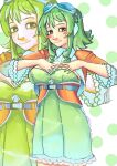  1girl absurdres artist_name ascot belt blue-framed_eyewear blue-tinted_eyewear blue_belt blush_stickers breasts cleavage closed_mouth collared_jacket dress frilled_sleeves frills goggles goggles_on_head green_dress green_eyes green_hair green_nails gumi gumi_(sv) hands_on_own_chest hatsuno headphones highres jacket looking_at_viewer open_clothes open_jacket orange_jacket short_hair smile solo synthesizer_v tinted_eyewear twitter_username white_ascot zoom_layer 