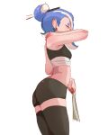  1girl ass bike_shorts blue_hair chest_sarashi colored_fingertips commentary crop_top earrings from_side hair_over_one_eye highres jewelry obsydian0x octoling red_eyes sarashi shiver_(splatoon) shiver_(splatoon_raiders) simple_background solo splatoon_(series) splatoon_raiders tentacle_hair thighhighs topknot 
