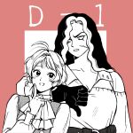  2girls :d ahoge ascot blush_stickers breasts collarbone commentary_request dg_sherbet frilled_ascot frills gloves granita greyscale_with_colored_background highres korean_commentary large_breasts long_hair multiple_girls open_mouth pink_background sherbet_(sherbet_above_the_sea_of_fog) sherbet_above_the_sea_of_fog short_hair smile thumbs_down wavy_hair 