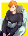  2boys arms_around_another's_waist black_hair black_shirt blonde_hair brothers brown_eyes closed_mouth commentary_request grey_hair grey_hoodie grey_pants haikyuu!! head_on_another's_shoulder hood hoodie light_frown long_sleeves looking_at_another looking_to_the_side male_focus miya_atsumu miya_osamu multicolored_hair multiple_boys pants shirt short_hair short_sideburns siblings sideburns sitting sleeves_past_wrists twins two-tone_hair very_short_hair y_kabara 