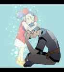  1boy 1girl 4lily age_difference ami_burklight blue_background blue_hair brown_pants brown_sash brown_shoes chester_burklight child closed_eyes commentary_request covered_eyes covering_own_eyes dress from_side ghost grey_shirt hair_ornament hand_on_own_face head_down head_hug head_rest highres indian_style letterboxed long_hair low_ponytail mourning pants parted_lips pink_dress ponytail shirt shoes short_hair short_sleeves simple_background sitting smile sphere_hair_ornament spoilers standing tales_of_(series) tales_of_phantasia tears twitter_username white_dress 