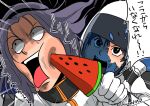  2boys aeug black_eyes blue_hair broken_glass commentary_request food glass gundam gundam-san highres kamille_bidan kuroneko_koubou mecha_pilot_suit military_uniform multiple_boys paptimus_scirocco parody popsicle purple_eyes scene_reference science_fiction signature speech_bubble titans_(gundam) translation_request watermelon_bar waverider_crash zeta_gundam 