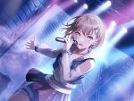  1girl bang_dream! bang_dream!_it's_mygo!!!!! blue_vest brown_eyes concert dutch_angle earrings game_asset grey_hair hair_ornament hairclip holding holding_microphone jewelry looking_at_viewer microphone necklace official_art see-through_clothes see-through_sleeves short_hair smile solo standing takamatsu_tomori third-party_source vest 