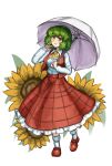  103anon 1girl ascot blush breasts collared_shirt commentary flower frilled_ascot frilled_skirt frills full_body green_hair hand_up highres holding holding_umbrella kazami_yuuka long_skirt long_sleeves looking_at_viewer medium_breasts open_clothes open_mouth open_vest parasol plaid_clothes plaid_skirt plaid_vest red_eyes red_shoes red_skirt red_vest shirt shirt_tucked_in shoes short_hair simple_background skirt skirt_set smile socks solo standing standing_on_one_leg sunflower touhou umbrella vest white_background white_shirt white_socks yellow_ascot yellow_flower 
