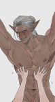  1boy 1girl abs absurdres arkose_(ff14) arms_up blush commentary_request dark-skinned_male dark_skin elezen elf facial_mark female_pov final_fantasy final_fantasy_xiv grey_hair hetero highres interracial korean_commentary long_pointy_ears muscular muscular_male navel nude pectorals pinkteest pointy_ears pov pov_hands purple_eyes scar scar_on_cheek scar_on_face scar_on_nose smile sweat 