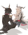  2boys absurdres animal_ears arknights black_hair black_jacket black_pants chinese_commentary closed_eyes commentary_request ebenholz_(arknights) epaulettes facing_another facing_away fuyao_(kafeiwww) goat_boy goat_ears goat_horns head_tilt highres horns indian_style jacket kreide_(arknights) long_hair male_focus multiple_boys open_mouth pants pinky_swear ponytail shadow shirt simple_background sitting sleeveless sleeveless_jacket smile very_long_hair white_background white_hair white_shirt 