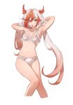  1girl adjusting_hair bra breasts commentary cropped_legs english_commentary estherart0 fu_hua fu_hua_(fenghuang_of_vicissitude) hair_tie_in_mouth highres honkai_(series) honkai_impact_3rd lingerie long_hair looking_at_viewer mouth_hold multicolored_hair navel panties red_eyes red_hair simple_background small_breasts solo stomach two-tone_hair underwear very_long_hair white_background white_bra white_hair white_panties 