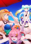  &gt;_&lt; 3girls :&lt; armpits bangs beach beach_umbrella bianka_durandal_ataegina bianka_durandal_ataegina_(valkyrie_gloria) bikini black_bikini blonde_hair blue_eyes blue_hair blue_sky closed_mouth eyewear_on_head freze hair_between_eyes hair_bun highres holding holding_eyewear honkai_(series) honkai_impact_3rd liliya_olenyeva long_hair looking_at_viewer lying multiple_girls ocean on_side open_mouth pink_hair rozaliya_olenyeva sand siblings sitting sky starfish_hair_ornament summer summer_uniform sunglasses swimsuit tail tail_pull teeth twins twintails umbrella white_bikini 