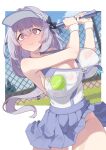  1girl absurdres ball blue_skirt blush breasts canace_(stella_sora) canace_(the_formula_for_victory)_(stella_sora) commentary dataiquan highres holding holding_tennis_racket huge_breasts long_hair pleated_skirt purple_eyes purple_hair racket shirt skirt solo sportswear stella_sora sweat tennis_ball tennis_racket tennis_uniform v-shaped_eyebrows very_long_hair visor_cap white_shirt 