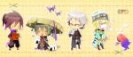  ! 4boys aqua_hair aqua_robe black_coat blonde_hair bug butterfly chibi chibi_only claws closed_eyes coat commentary_request creature dokufuki_ageha_(sekaiju) drink food fuurai_(sekaiju) fuurai_1_(sekaiju) glasses green_hair hand_on_own_hip hikkaki_mogura_(sekaiju) holding holding_drink japanese_clothes lab_coat long_hair male_focus medic_(sekaiju) medic_1_(sekaiju) mizuchaya_youkan multiple_boys onigiri open_clothes open_coat ponytail purple_butterfly purple_hair purple_scarf robe rune_master_(sekaiju) rune_master_1_(sekaiju) sandogasa scar scar_on_cheek scar_on_face scarf sekaiju_no_meikyuu sekaiju_to_fushigi_no_dungeon shinobi_(sekaiju) shinobi_1_(sekaiju) short_hair standing 