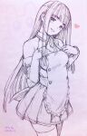  1girl breasts commentary_request cowboy_shot dated detached_sleeves dress gems_company graphite_(medium) hase_mikoto head_tilt heart highres hime_cut long_hair medium_breasts mixed_media monochrome pelvic_curtain short_dress signature sleeves_past_wrists smile solo thighhighs traditional_media virtual_youtuber yug_(ekaki) zettai_ryouiki 