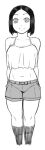  1girl belt breasts closed_mouth greyscale kneehighs looking_at_viewer monochrome navel original short_hair shorts simple_background smile solo tsukudani_(coke-buta) white_background 