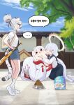  ... 3girls animal_ear_fluff animal_ears baseball_bat black_serafuku black_streaks blue_eyes blue_sailor_collar blush butter_(trickcal) colored_eyelashes commentary_request doghouse dual_persona gold_halo hair_bun halo highres japanese_clothes kimono kimono_partially_removed korean_commentary long_hair long_sleeves multicolored_hair multiple_girls neckerchief open_clothes open_mouth open_robe pet_food pleated_skirt red_kimono robe sailor_collar school_uniform serafuku shirt sibeoji skirt smile snake spoken_ellipsis streaked_hair striped_hair tail tig_(trickcal) tiger_ears tiger_girl tiger_tail tongue tongue_out trickcal uros_(trickcal) very_long_hair white_eyelashes white_hair white_tiger_print 