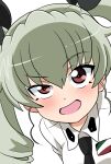  1girl anchovy_(girls_und_panzer) anzio_school_uniform bangs black_neckwear black_ribbon blush commentary dress_shirt drill_hair emblem eyebrows_visible_through_hair girls_und_panzer green_hair hair_ribbon half-closed_eye highres long_hair looking_at_viewer necktie open_mouth red_eyes ribbon school_uniform shirt simple_background smile solo twin_drills twintails wakku_kan white_background wing_collar 