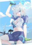  1girl animal_ear_fluff animal_ears bangs bicycle bike_jersey bike_shorts blue_archive blue_eyes blue_sky bottle breasts cat_ears cloud cross_hair_ornament day eyebrows_visible_through_hair gloves green_gloves ground_vehicle hair_ornament halo highres looking_at_viewer medium_breasts nakashige_shunsuke navel one_eye_closed open_mouth outdoors pouring pouring_onto_self shiroko_(blue_archive) short_hair silver_hair sitting sky solo unzipped water water_bottle 