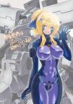  1girl :d absurdres arm_guards armored_bodysuit assault_visor blonde_hair blue_assault_visor blue_eyes bodysuit breasts breasts_apart chin_guard commentary_request commission covered_groin covered_navel crotch_plate fortified_suit gorget gun hair_ornament hand_up heyzan highres holding holding_gun holding_weapon impossible_bodysuit impossible_clothes jolly_roger large_breasts long_sidelocks looking_at_viewer machine_gun mecha mecha_pilot_suit muv-luv muv-luv_alternative open_hand open_mouth original pink_bodysuit projected_inset robot science_fiction second-party_source shiny_clothes short_hair sidelocks skeb_commission skull_hair_ornament smile solo tactical_surface_fighter translation_request upper_body waving weapon 