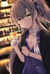  1girl absurdres bar_(place) black_coat breasts brown_hair coat cocktail_dress cocktail_glass commentary_request cup dress drinking_glass girls'_frontline girls'_frontline_2:_exilium highres kakuzatou_(cubesugar03196) leva_(girls'_frontline_2) light_smile long_hair looking_at_viewer prosthesis prosthetic_arm purple_dress scar scar_across_eye scar_on_face scarf see-through_clothes see-through_scarf small_breasts solo ump45_(diamond_flower)_(girls'_frontline) ump45_(girls'_frontline) yellow_eyes 