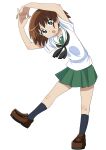  1girl :o absurdres arms_up bangs black_legwear black_neckwear blouse blue_eyes brown_footwear brown_hair commentary girls_und_panzer green_skirt highres interlocked_fingers leaning_to_the_side loafers looking_at_viewer miniskirt neckerchief ooarai_school_uniform own_hands_together pleated_skirt sailor_collar sakaguchi_karina school_uniform serafuku shoes short_hair short_sleeves simple_background skirt socks solo standing standing_on_one_leg summer_uniform wakku_kan white_background white_blouse white_sailor_collar 